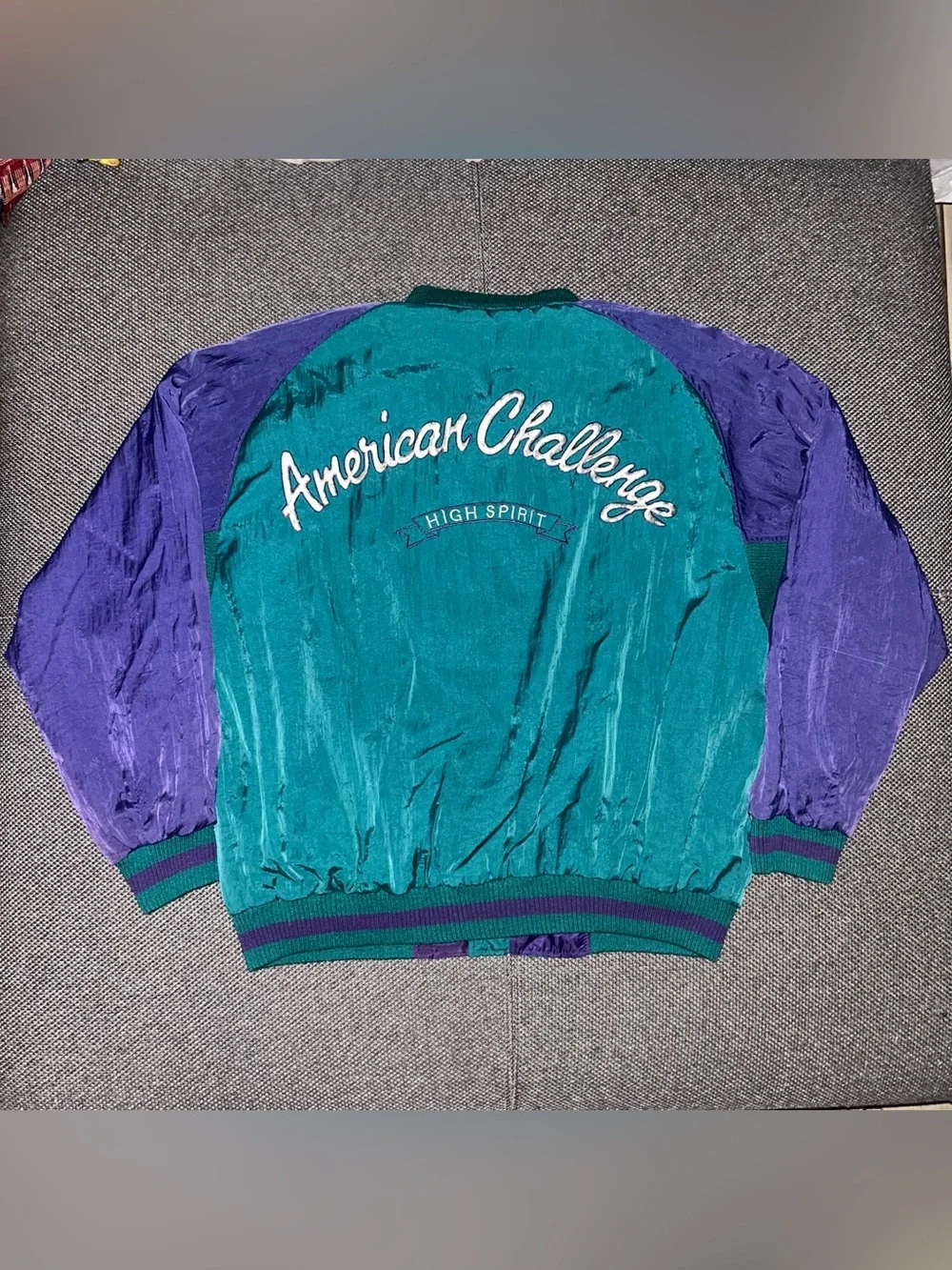 Rare 90s American Challenge 'High Spirit' Teal & Purple Nylon Bomber Jacket